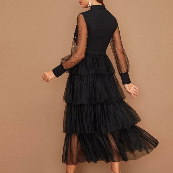 Chic Beaded Sheer Sleeve Layered Mesh Hem Peekaboo Dress black - Picture 2 of 5